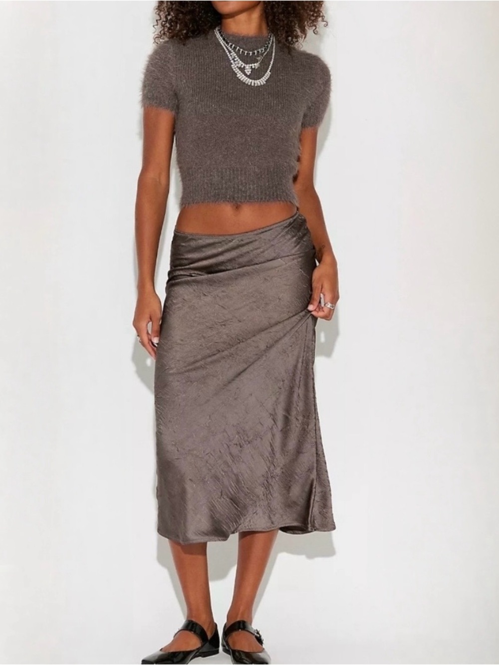 Free People Alexandra Satin Maxi Skirt Set | Women's Small | Gray Sweater Top